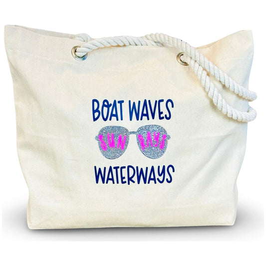 Canvas Beach Tote "Boat Waves Sun Rays Waterways"