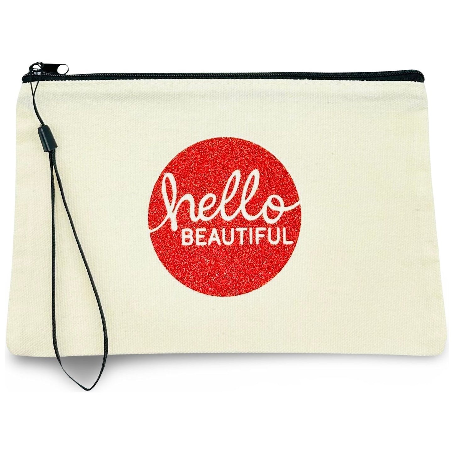 Canvas Zip Wristlet Pouch “Hello Beautiful”