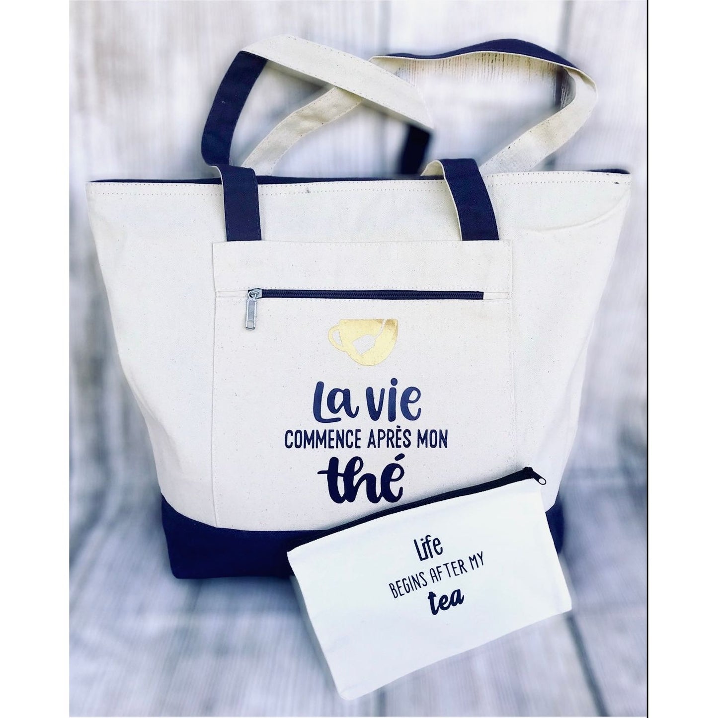 Canvas Tote "La vie commence après mon thé" with Pouch "Life begins after my tea"