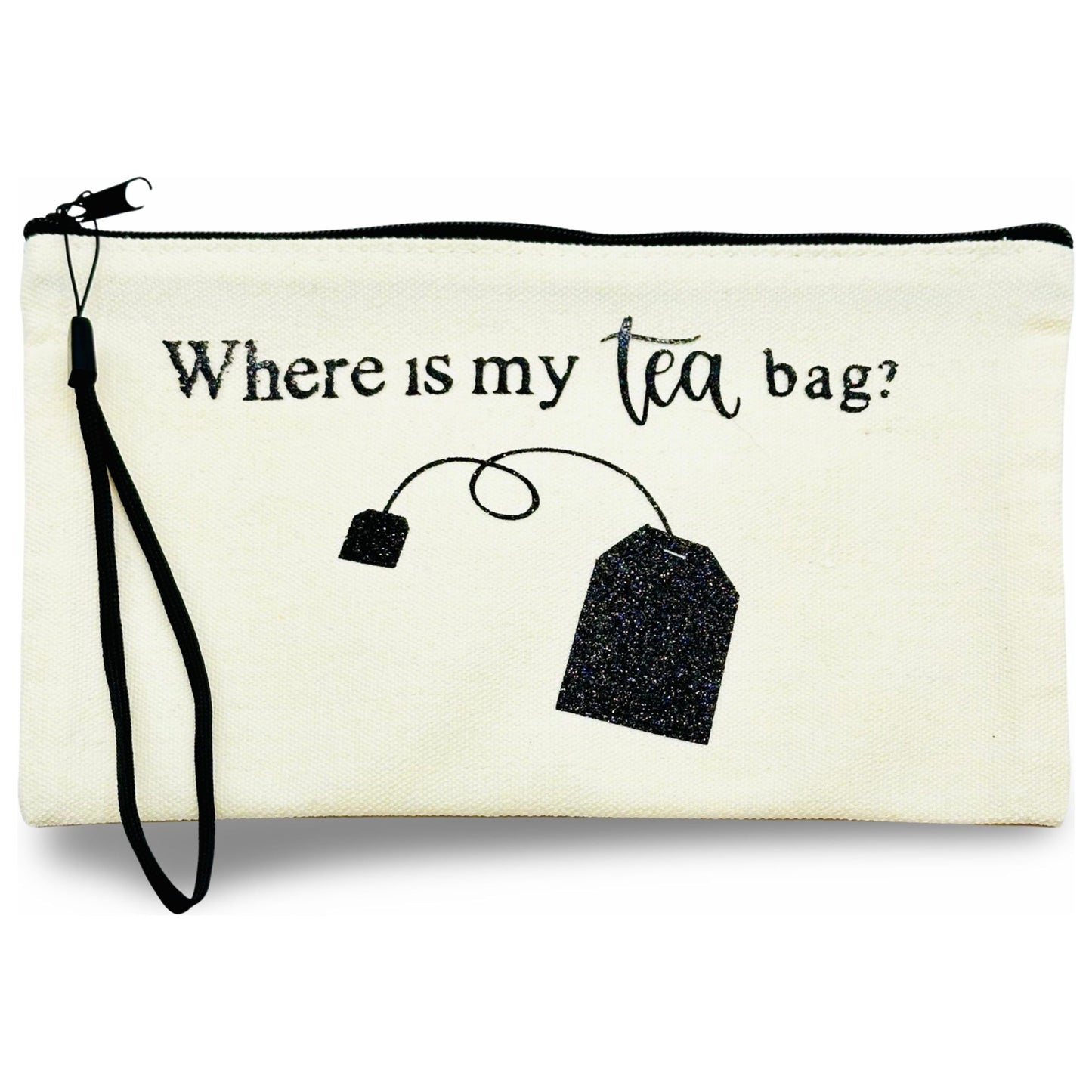 Canvas Zip Wristlet Pouch “Where Is My Tea Bag?”