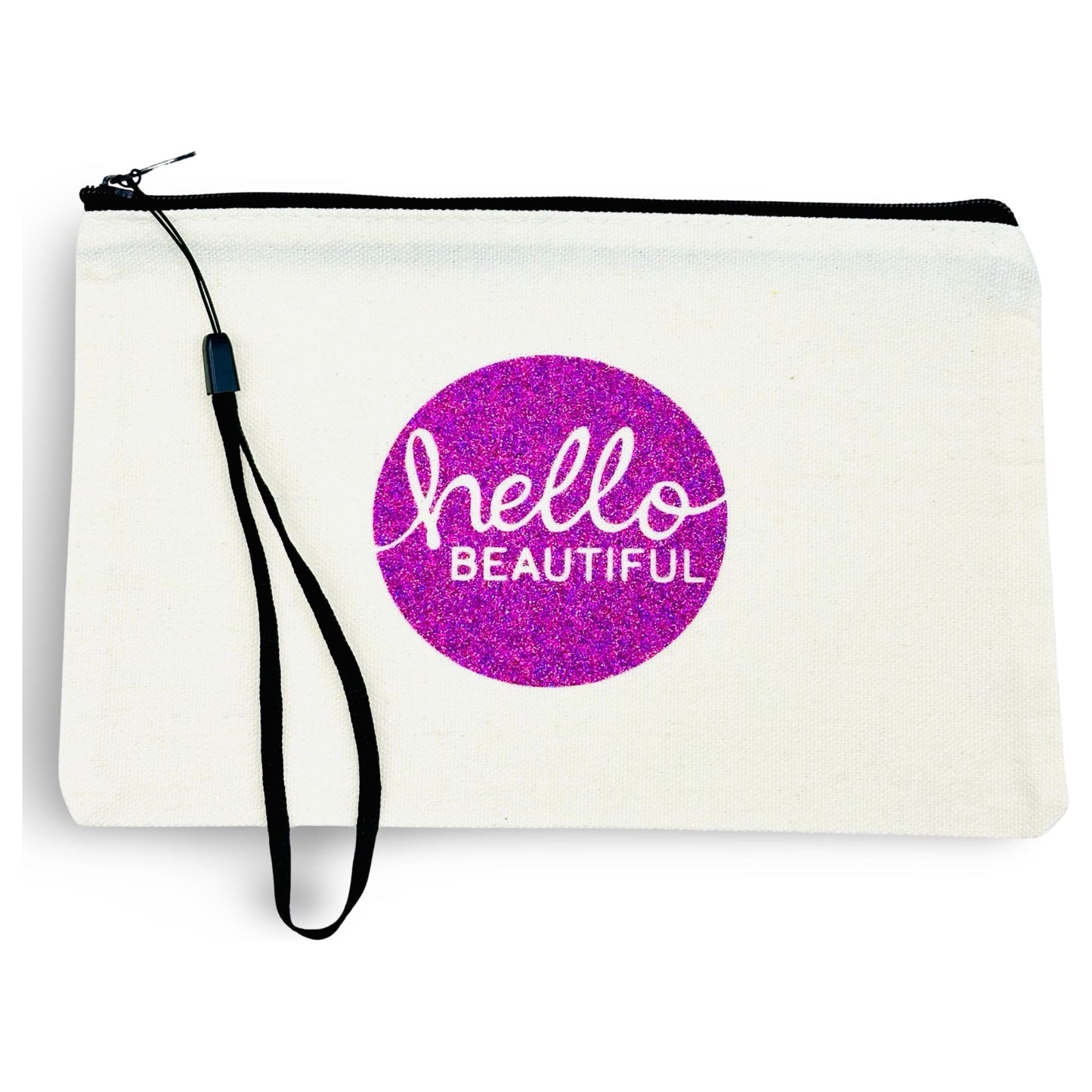 Canvas Zip Wristlet Pouch “Hello Beautiful”