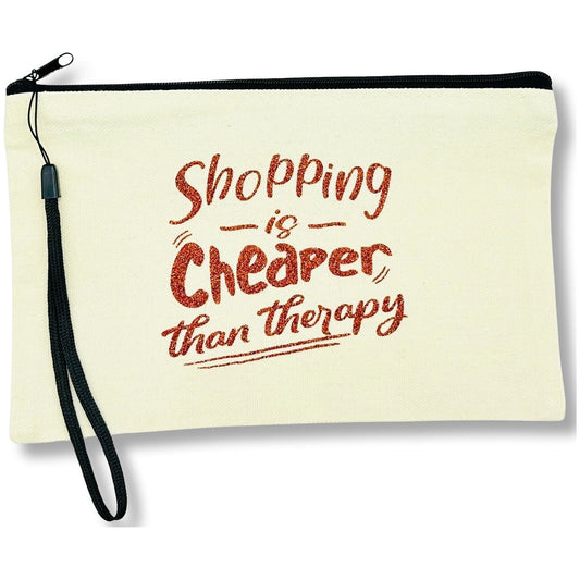 Canvas Zip Wristlet Pouch “Shopping Is Cheaper Than Therapy”