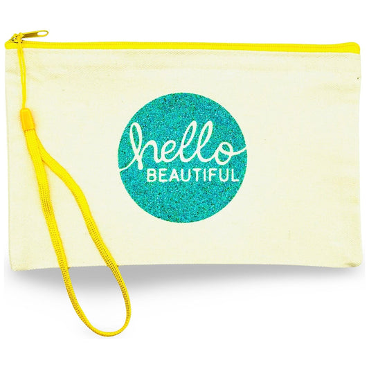 Canvas Zip Wristlet Pouch “Hello Beautiful”