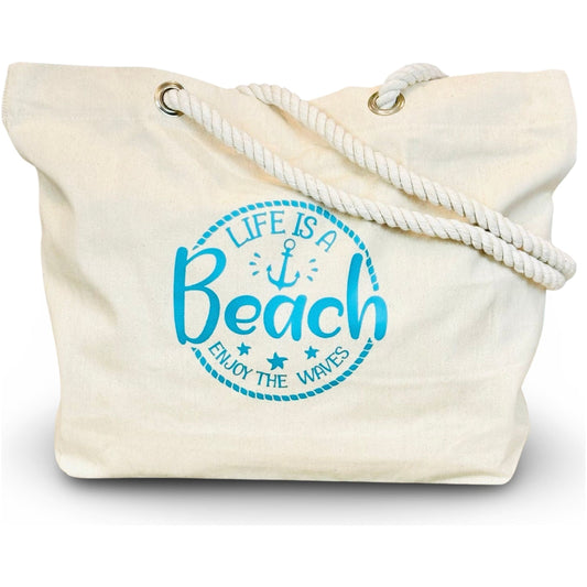 Canvas Beach Tote "Life Is A Beach Enjoy The Waves"