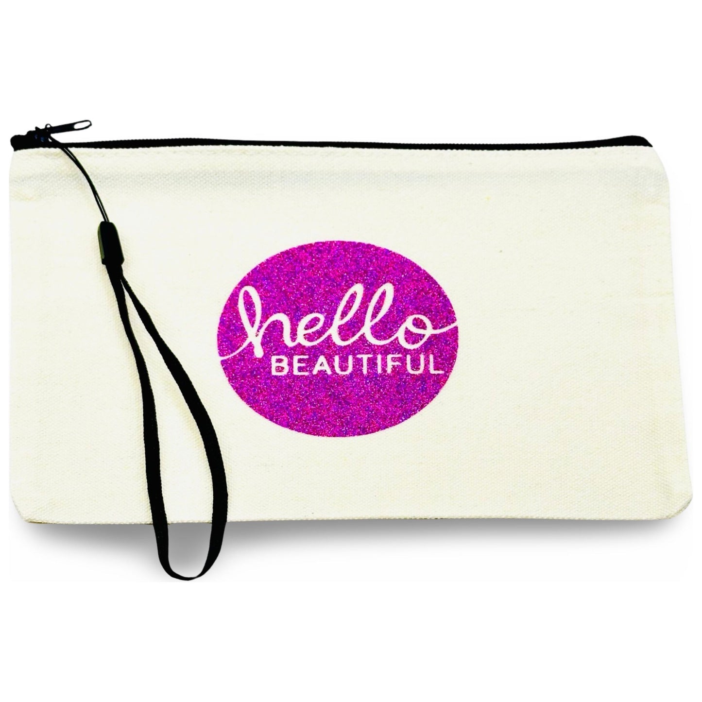 Canvas Zip Wristlet Pouch “Hello Beautiful”