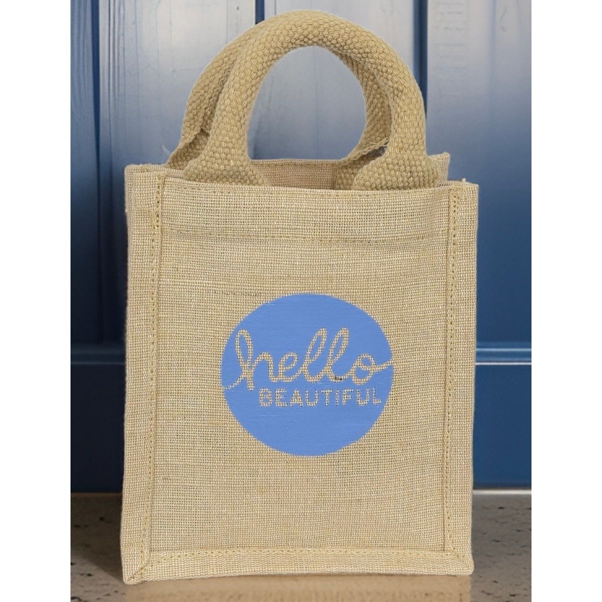 Mini Burlap Top Handle Bag “Hello Beautiful”