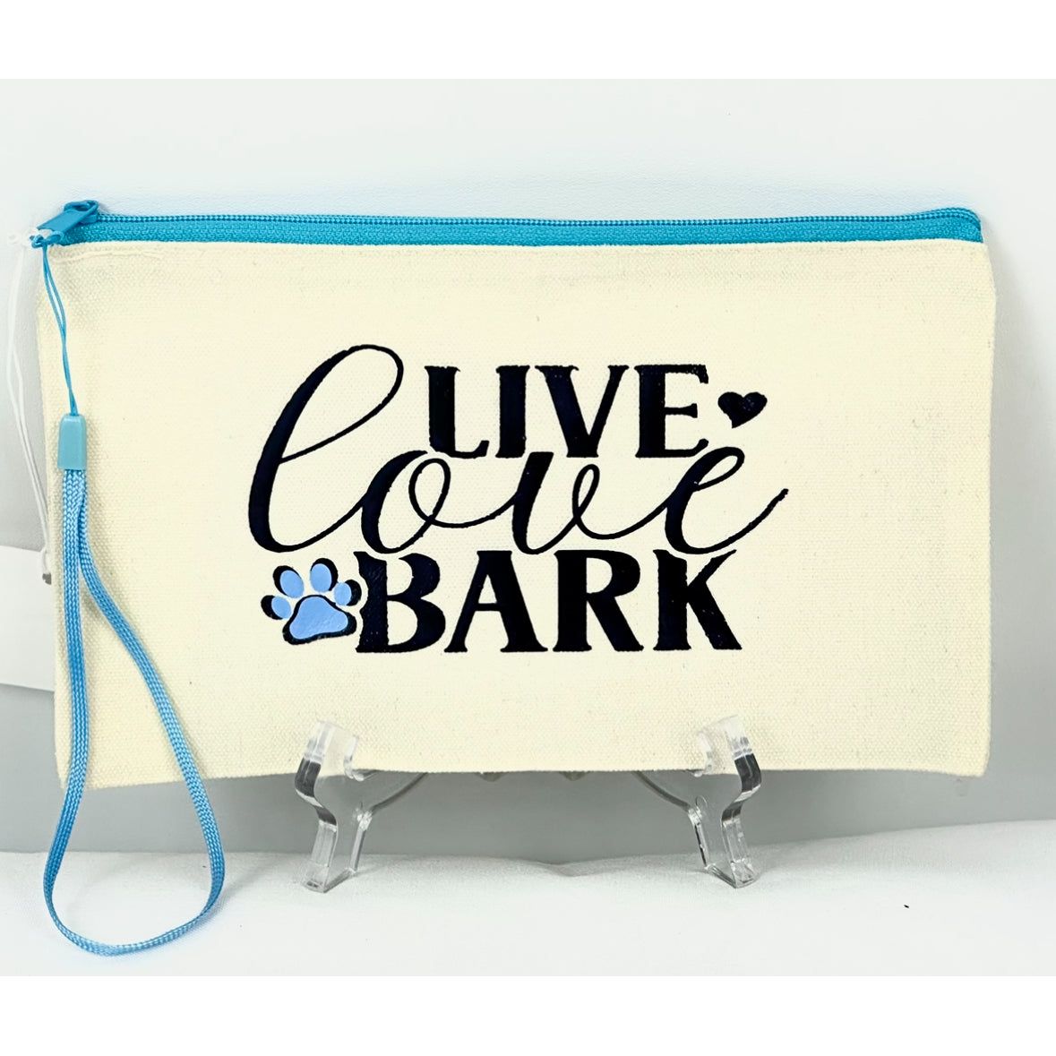 Canvas Zip Wristlet Pouch “Live Love Bark”