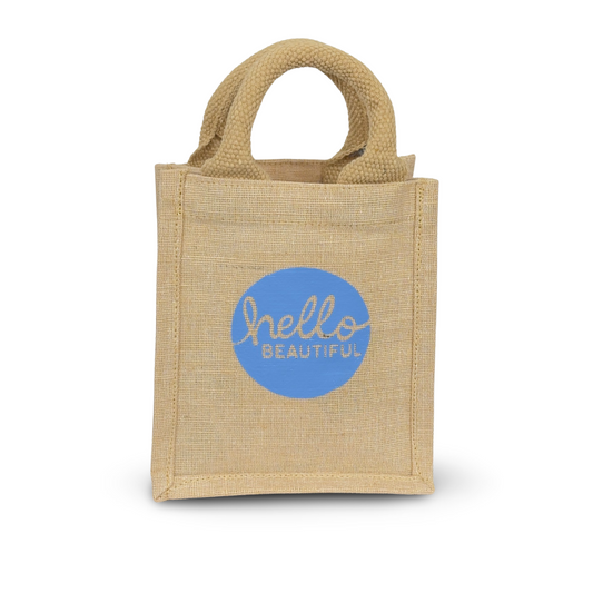 Mini Burlap Top Handle Bag “Hello Beautiful”