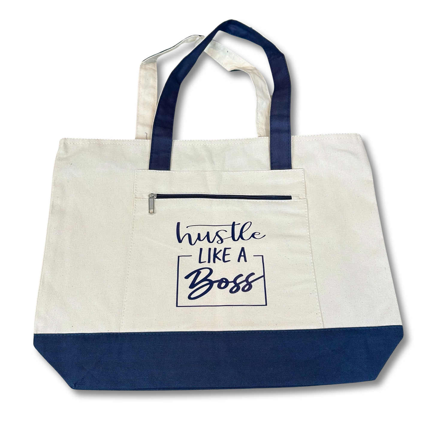 Canvas Tote with Front Zip Pocket "Hustle Like A Boss"