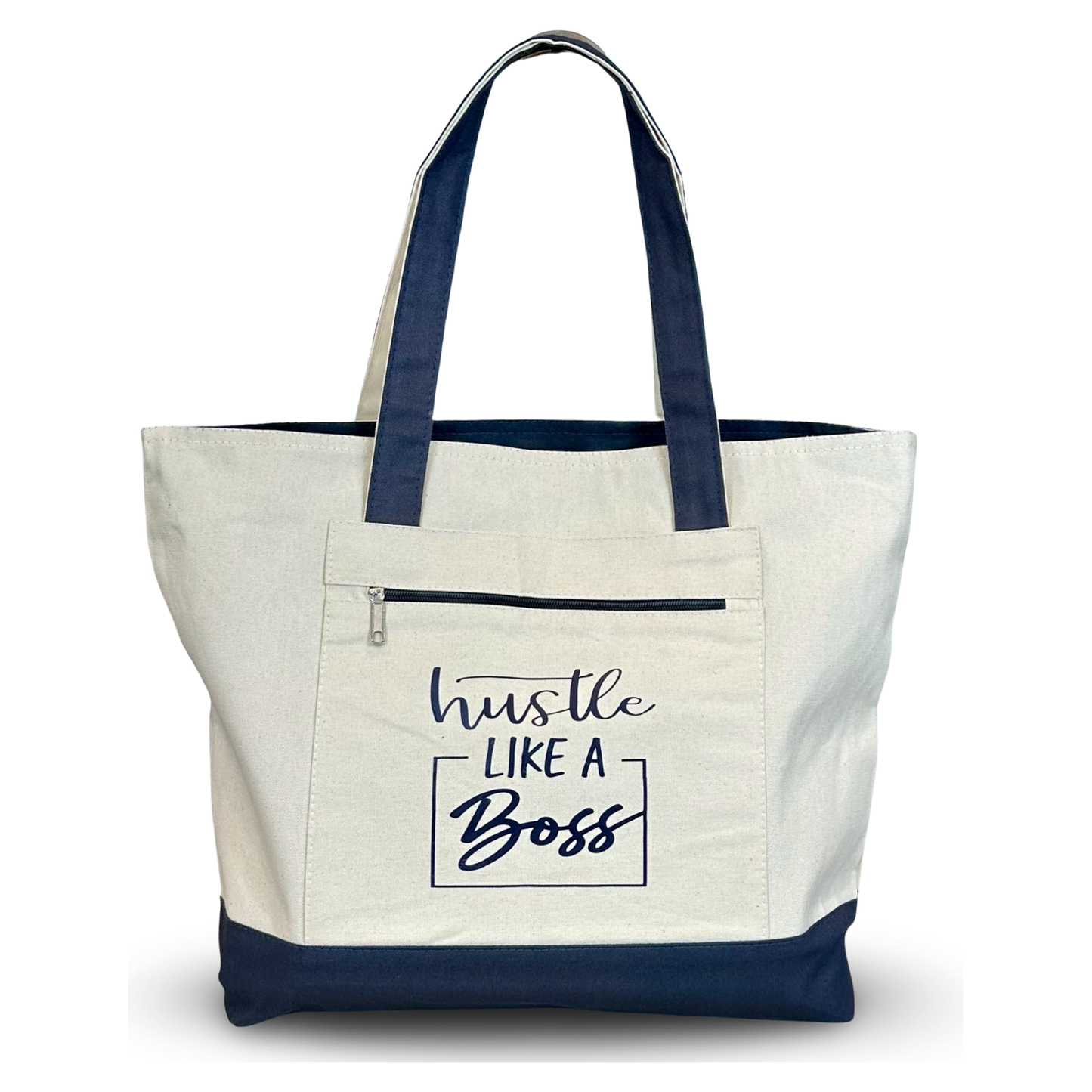 Canvas Tote with Front Zip Pocket "Hustle Like A Boss"